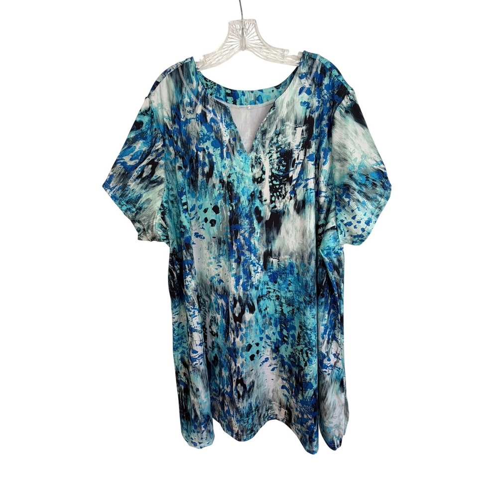 Swimsuits For All Womens Tunic Top 3X Blue Abstract Print V-Neck Short Sleeve